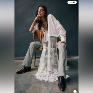 Free people White Sheer Lace Long Duster Jacket size Large